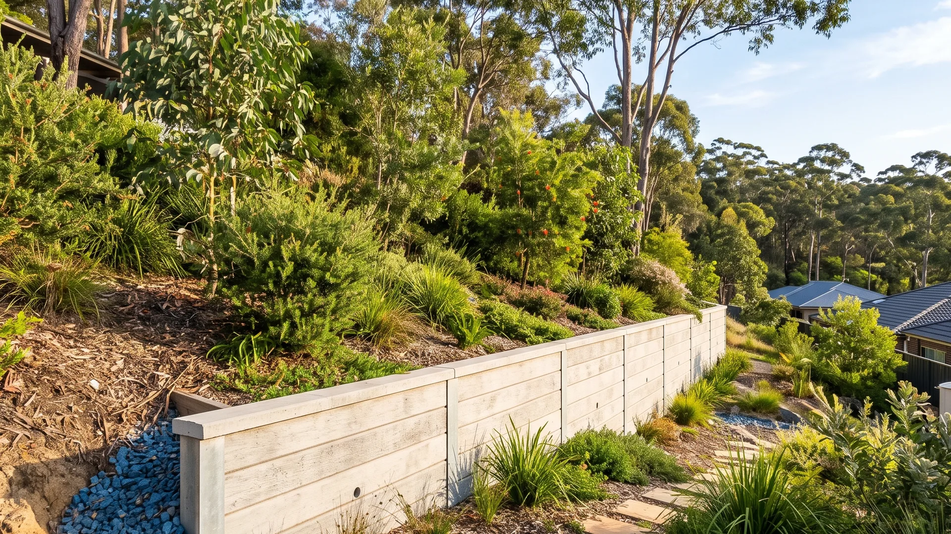 Concrete sleeper retaining wall holding a planted upper terrace